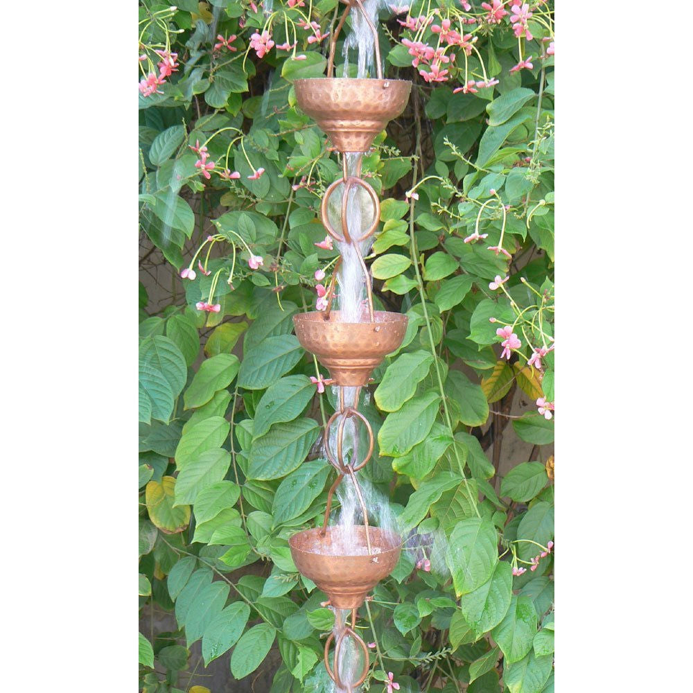 Pure Copper 8.5-Ft Rain Chain with 13 Hammered Funnel Shape Cups FastFurnishings
