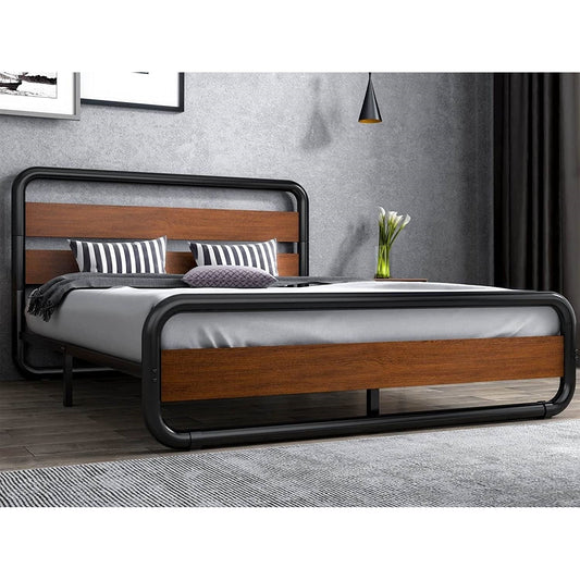 Queen Heavy Duty Modern Industrial Metal Wood Platform Bed Frame with Headboard W2B
