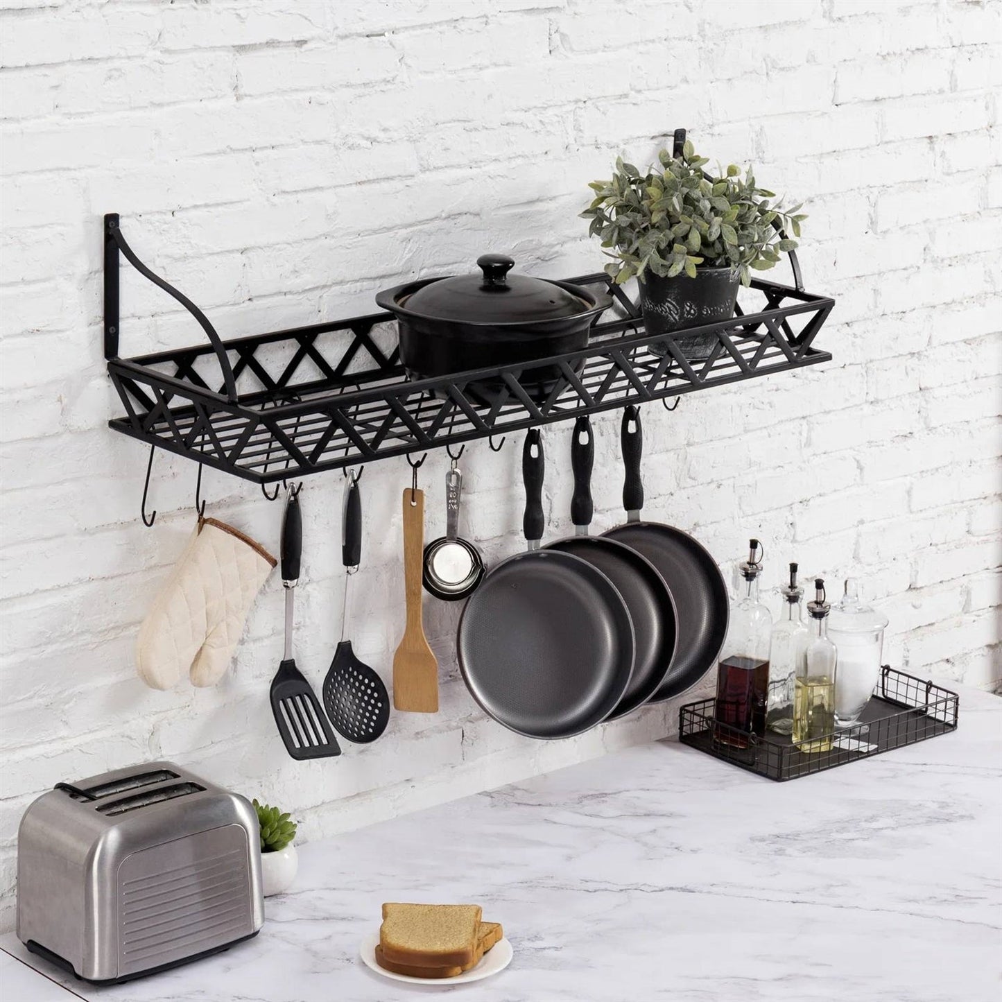 Black Metal Rectangular Wall Mounted Kitchen Pot Rack with 12 Hanging Hooks FastFurnishings
