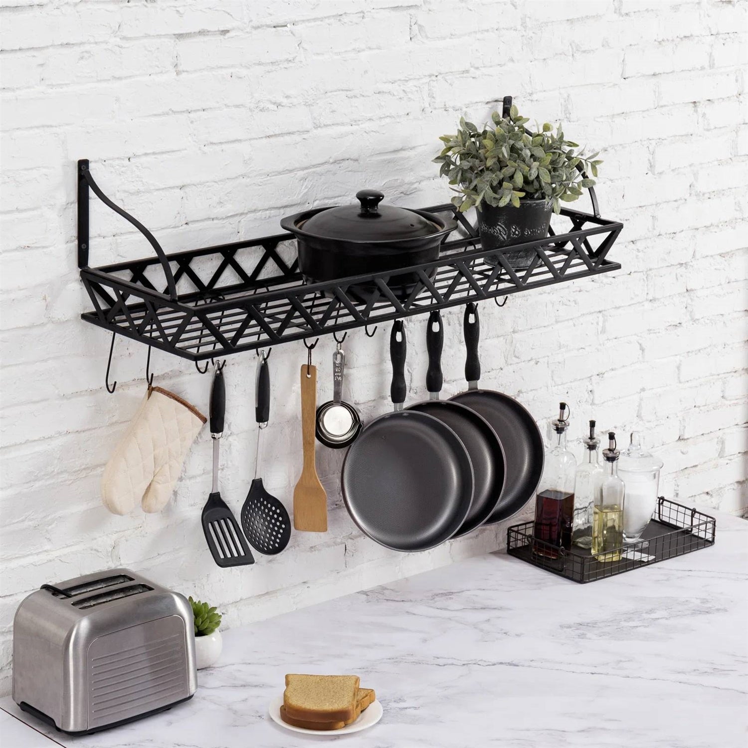 Black Metal Rectangular Wall Mounted Kitchen Pot Rack with 12 Hanging Hooks FastFurnishings