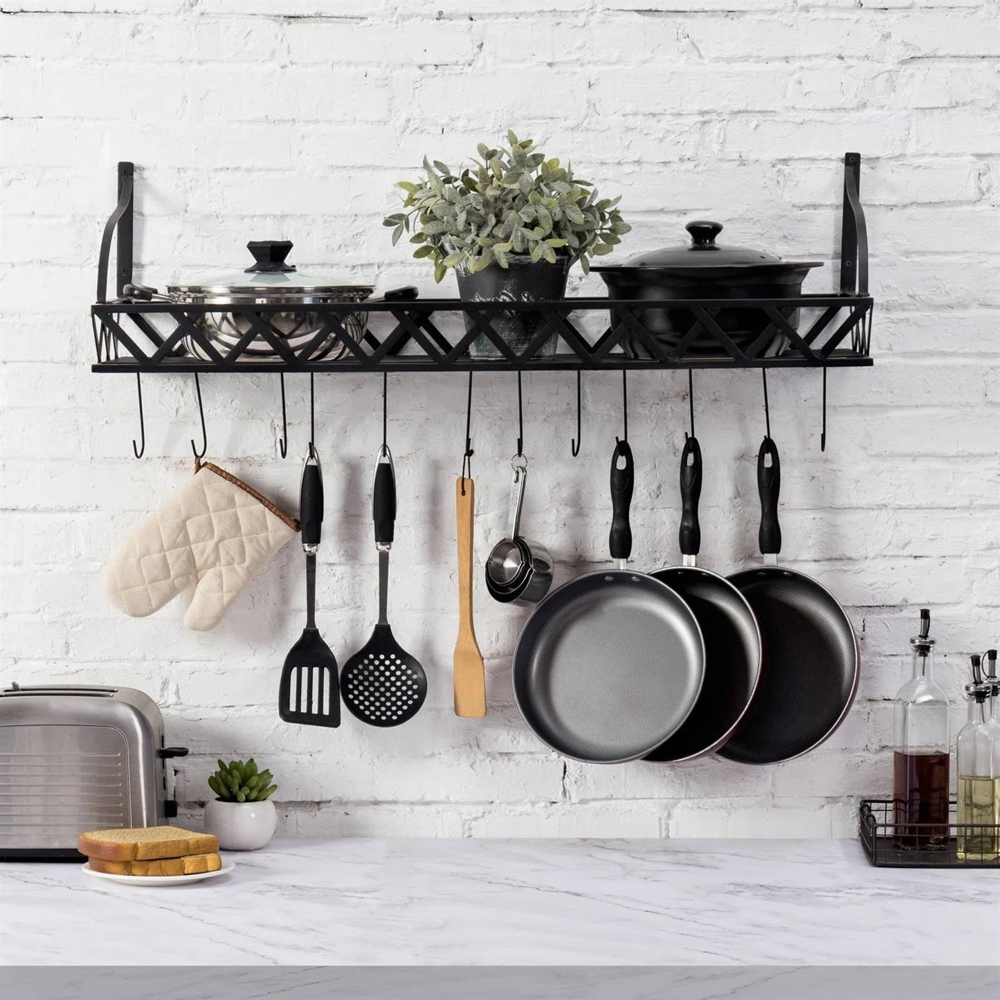 Black Metal Rectangular Wall Mounted Kitchen Pot Rack with 12 Hanging Hooks FastFurnishings