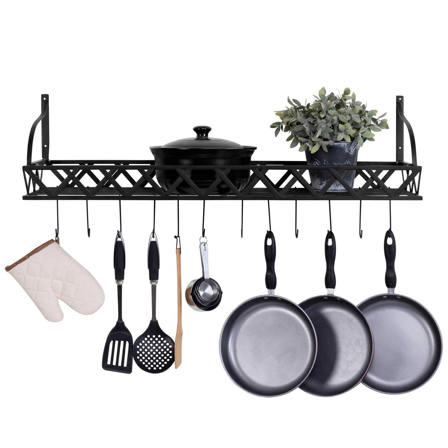Black Metal Rectangular Wall Mounted Kitchen Pot Rack with 12 Hanging Hooks FastFurnishings
