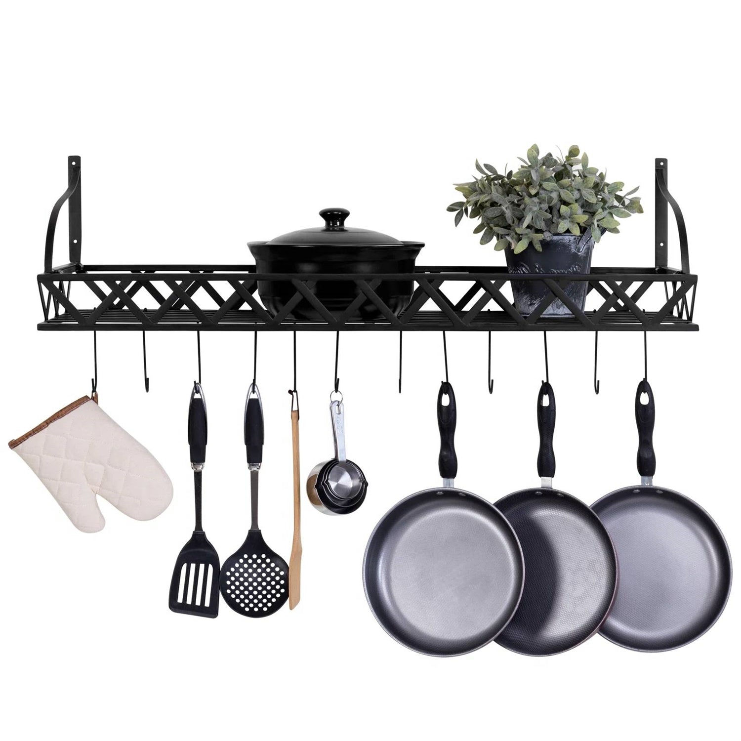 Black Metal Rectangular Wall Mounted Kitchen Pot Rack with 12 Hanging Hooks FastFurnishings