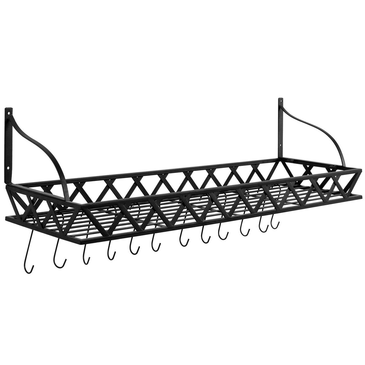 Black Metal Rectangular Wall Mounted Kitchen Pot Rack with 12 Hanging Hooks FastFurnishings