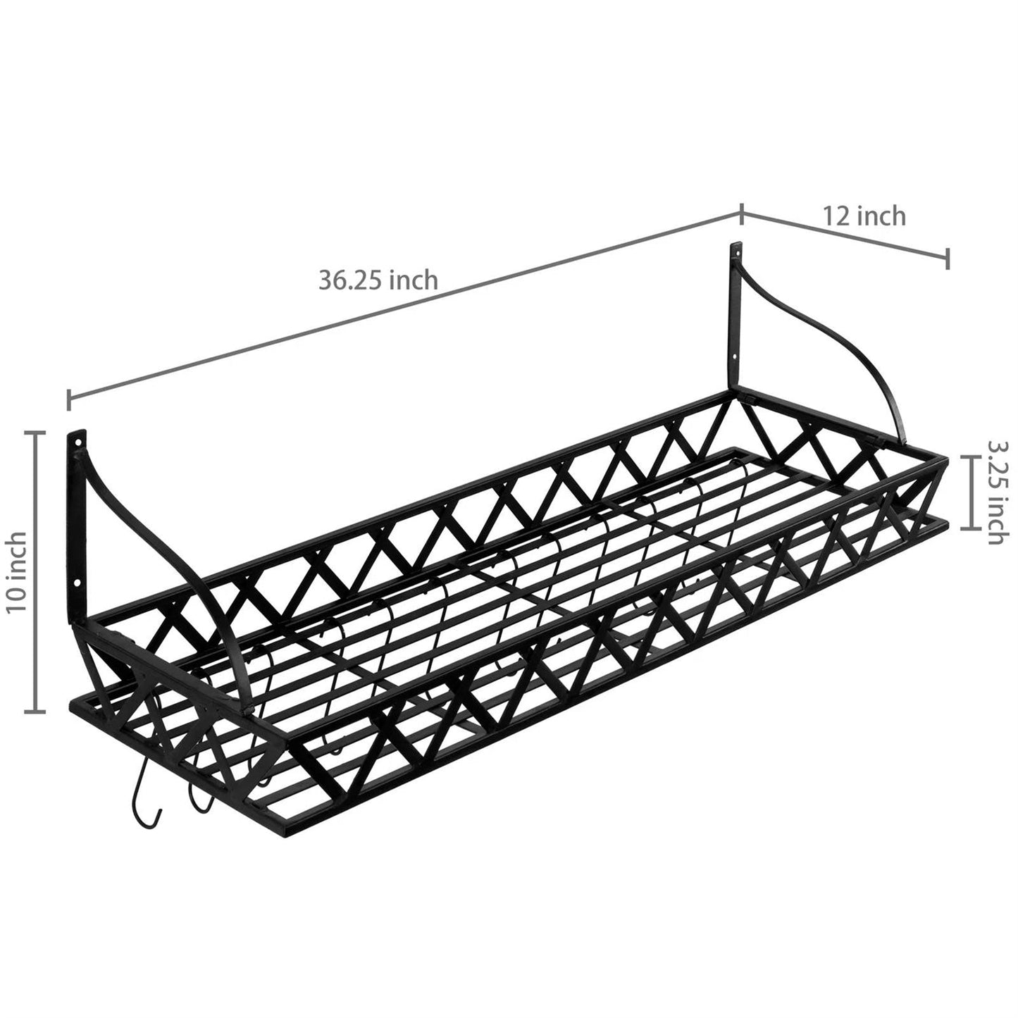 Black Metal Rectangular Wall Mounted Kitchen Pot Rack with 12 Hanging Hooks FastFurnishings