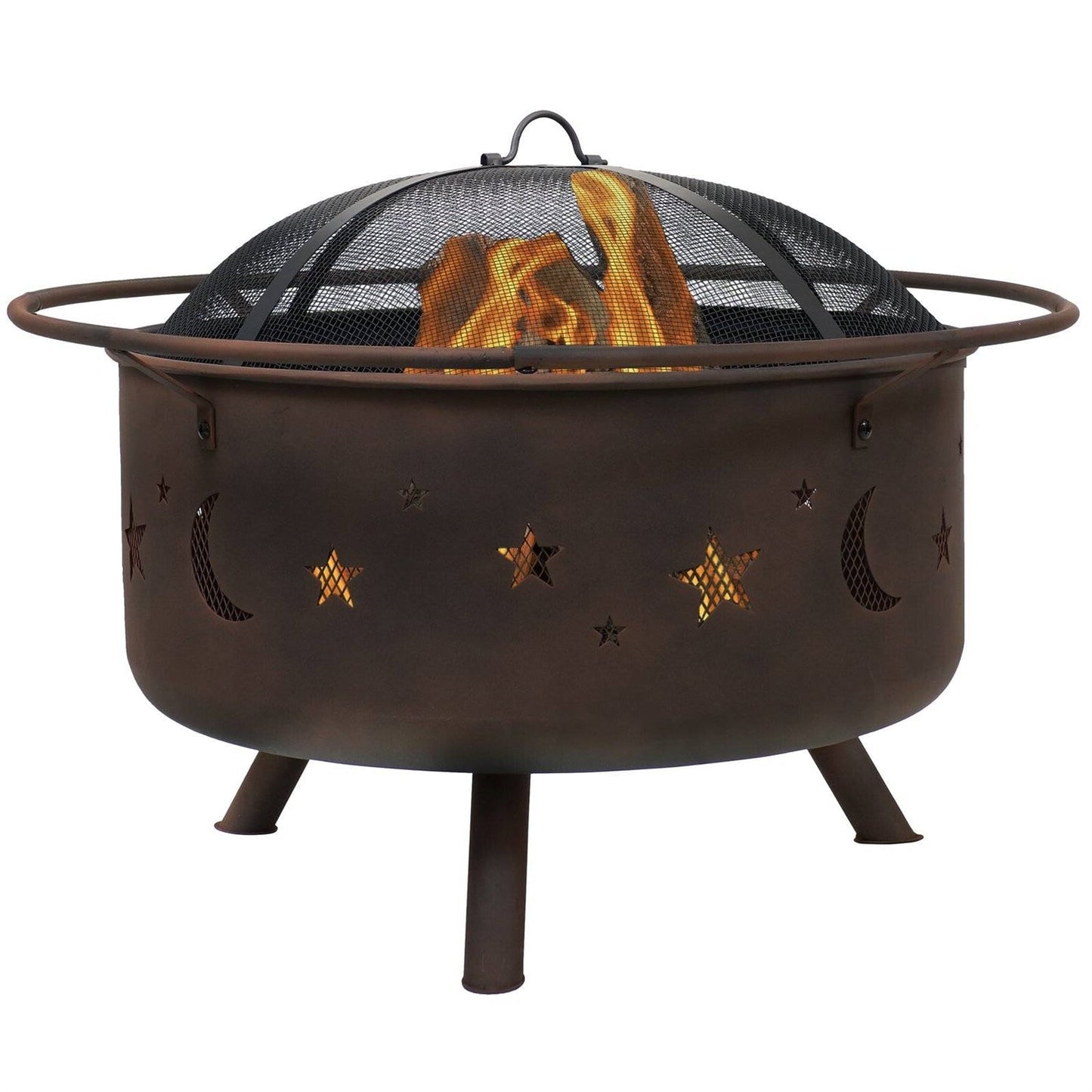 Moon Stars Sky Steel Fire Pit Bowl with Screen Cooking Grate and Poker FastFurnishings