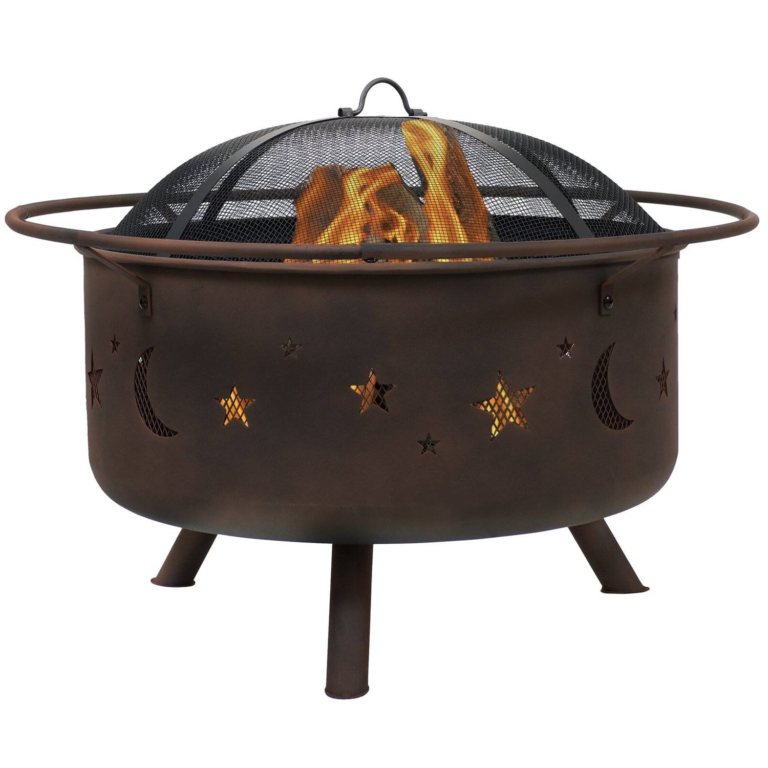 Moon Stars Sky Steel Fire Pit Bowl with Screen Cooking Grate and Poker FastFurnishings