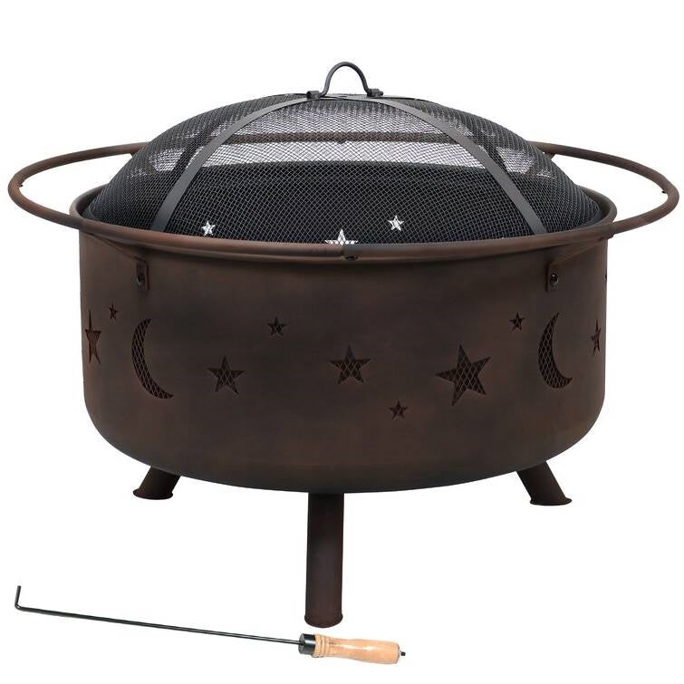 Moon Stars Sky Steel Fire Pit Bowl with Screen Cooking Grate and Poker FastFurnishings