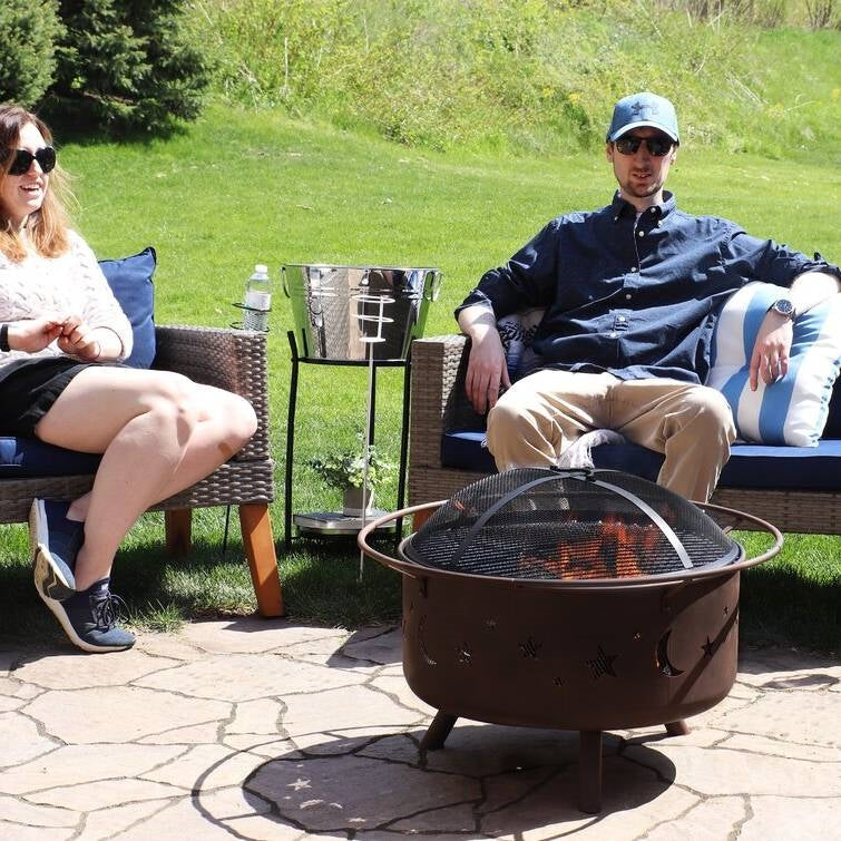 Moon Stars Sky Steel Fire Pit Bowl with Screen Cooking Grate and Poker FastFurnishings