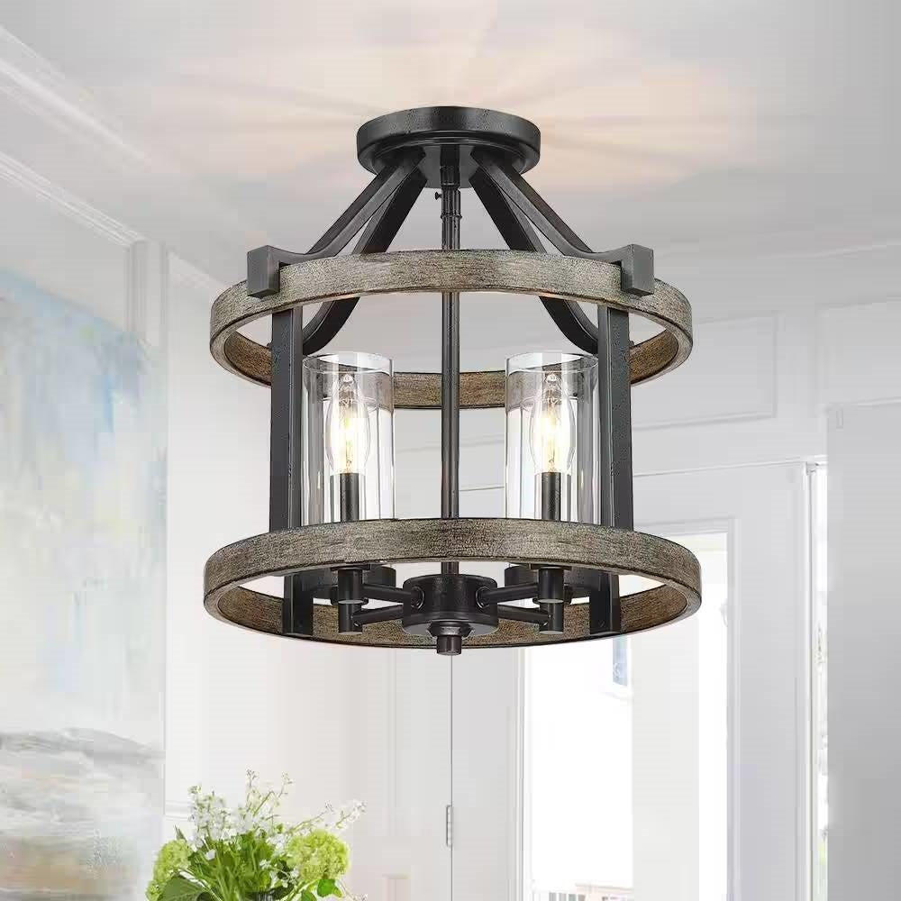 Round 4-Light 12.5-inch Metal Wood Farmhouse Ceiling Lamp - Semi-Flush Mount FastFurnishings
