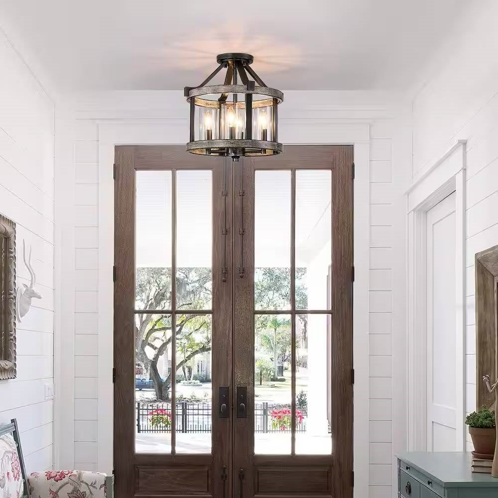 Round 4-Light 12.5-inch Metal Wood Farmhouse Ceiling Lamp - Semi-Flush Mount FastFurnishings