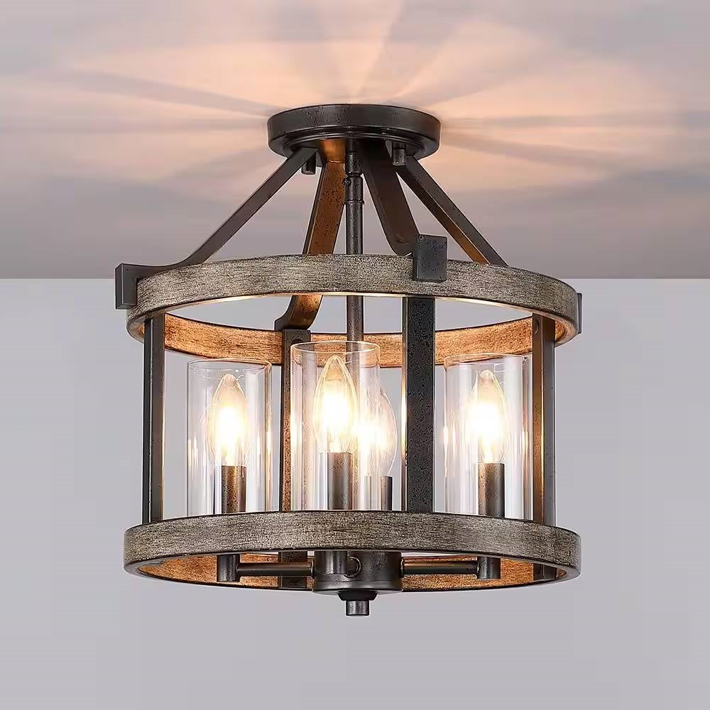 Round 4-Light 12.5-inch Metal Wood Farmhouse Ceiling Lamp - Semi-Flush Mount FastFurnishings