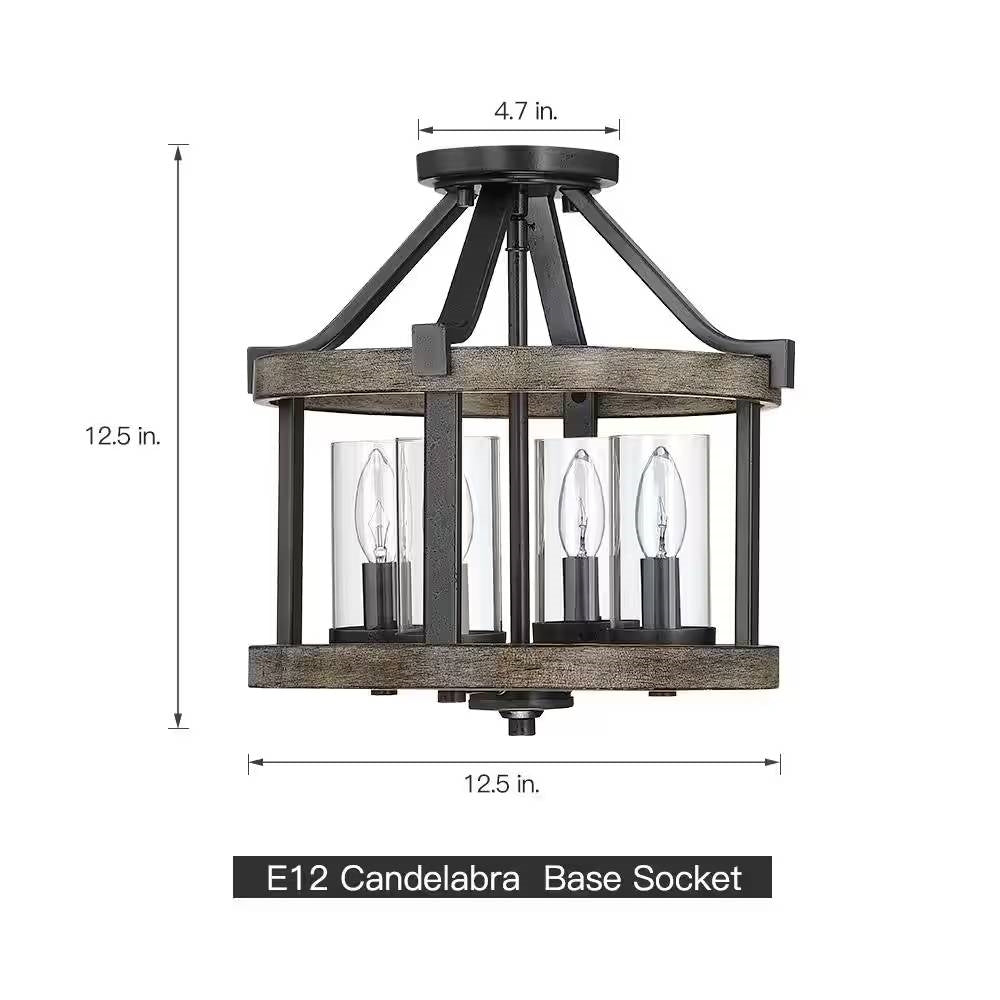 Round 4-Light 12.5-inch Metal Wood Farmhouse Ceiling Lamp - Semi-Flush Mount FastFurnishings