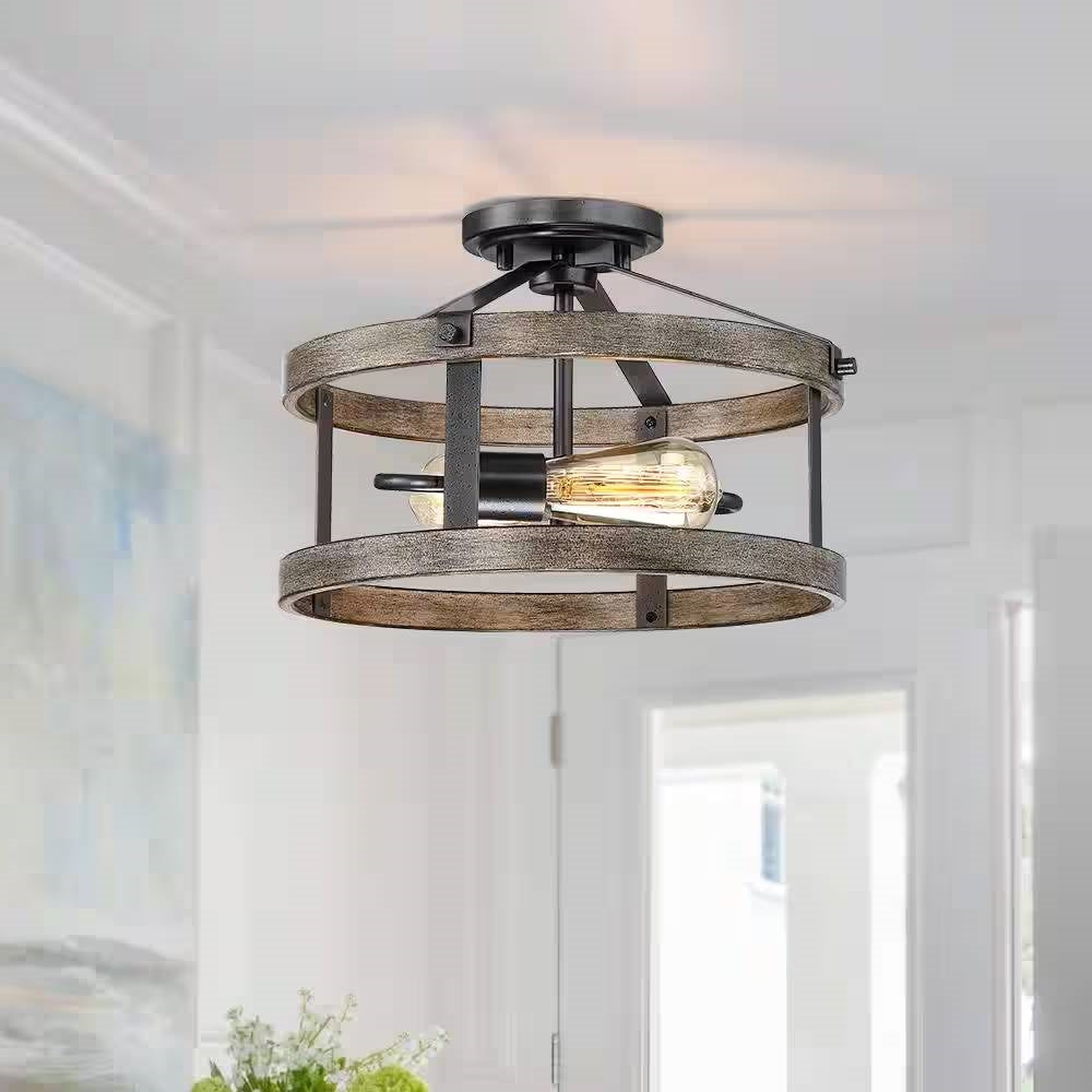Round 13-inch Metal Wood Farmhouse 2-Light Ceiling Lamp - Semi-Flush Mount FastFurnishings