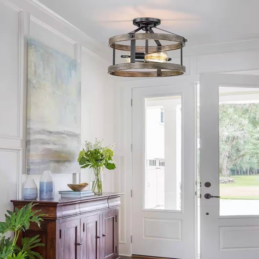 Round 13-inch Metal Wood Farmhouse 2-Light Ceiling Lamp - Semi-Flush Mount FastFurnishings