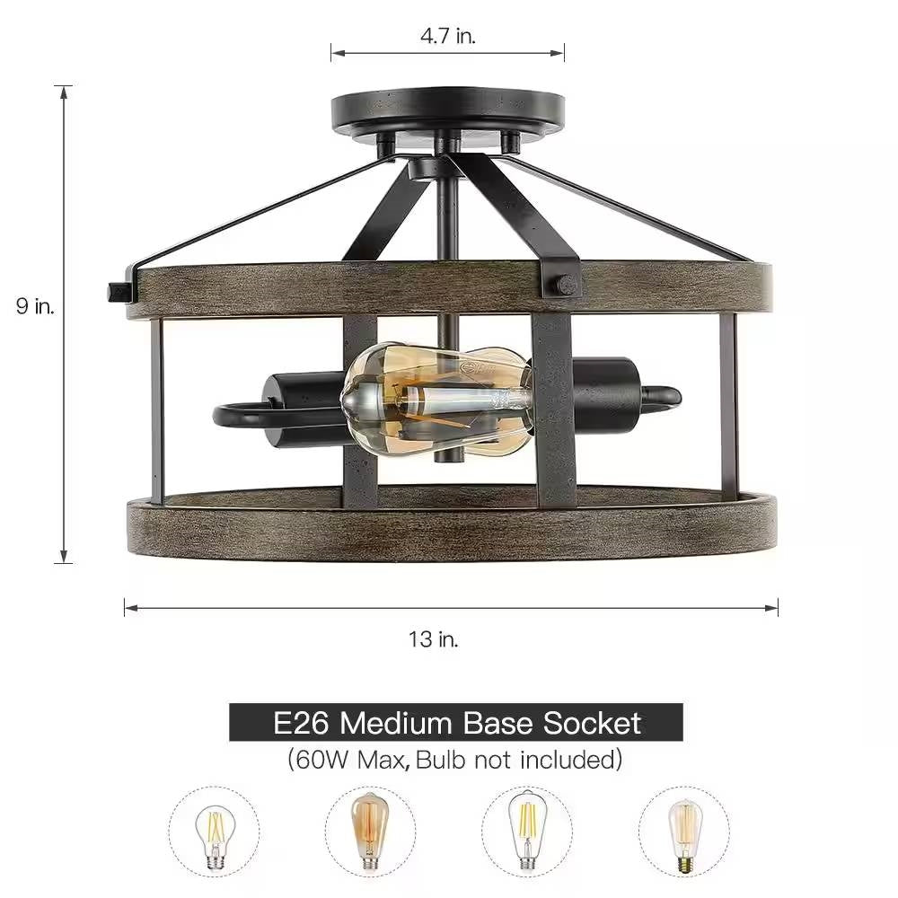 Round 13-inch Metal Wood Farmhouse 2-Light Ceiling Lamp - Semi-Flush Mount FastFurnishings