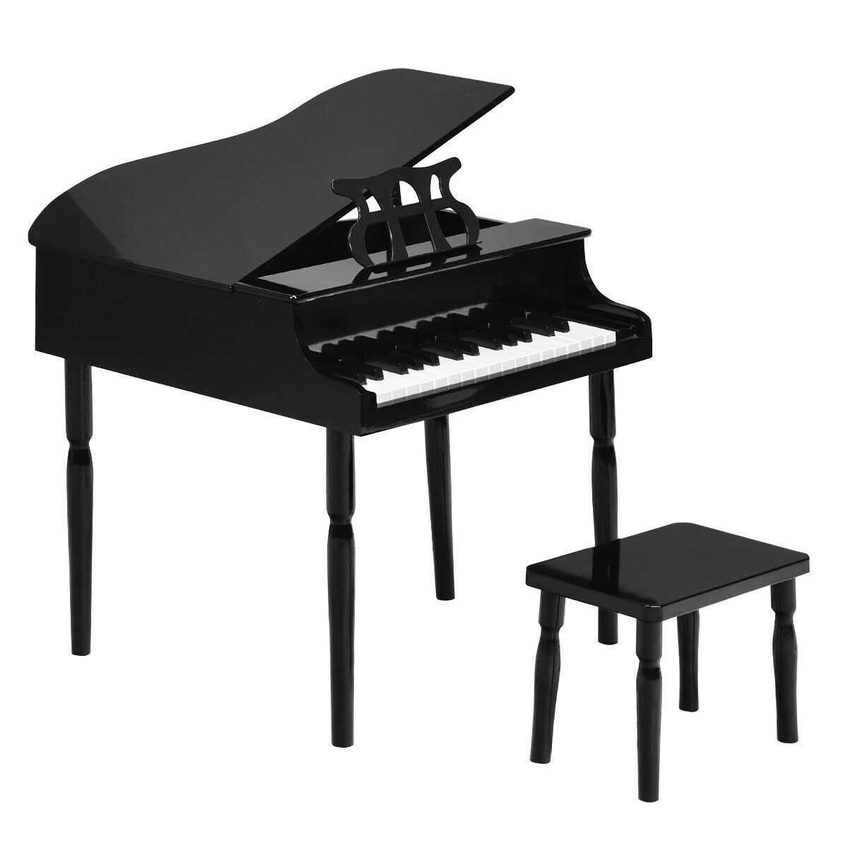 30-Key Wood Toy Kids Grand Piano with Bench & Music Rack-Black - Color: Black W2B