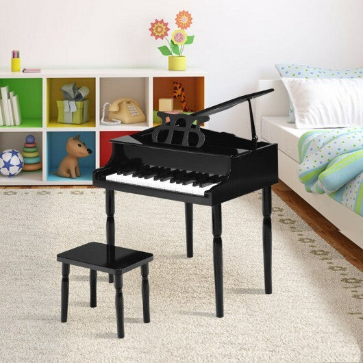30-Key Wood Toy Kids Grand Piano with Bench & Music Rack-Black - Color: Black W2B
