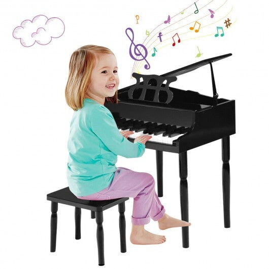 30-Key Wood Toy Kids Grand Piano with Bench & Music Rack-Black - Color: Black W2B