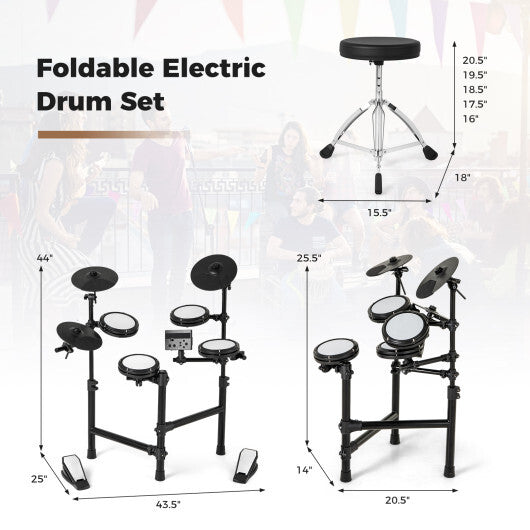 Electric Drum Set Foldable Drum Kit with 10 Demos and USB MIDI and 2 Drumsticks W2B