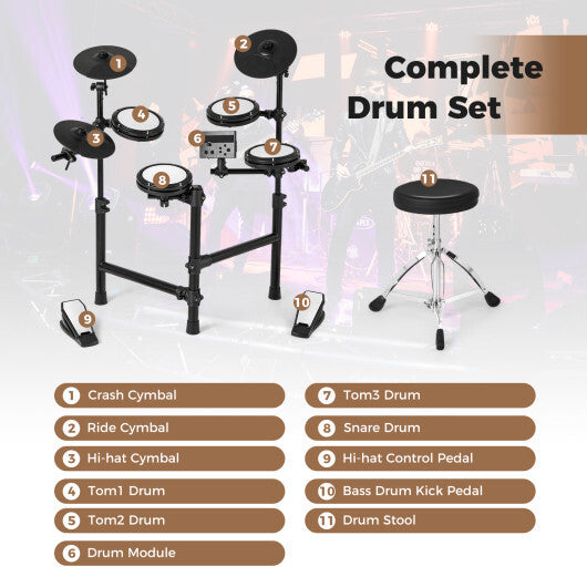 Electric Drum Set Foldable Drum Kit with 10 Demos and USB MIDI and 2 Drumsticks W2B