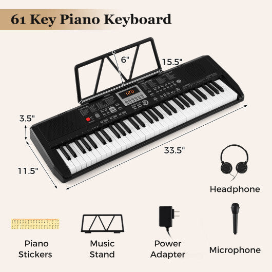 61 Keys Portable Keyboard for Beginners Electric Piano Keyboard Kit with 200 Rhythms and 200 Tones-Black