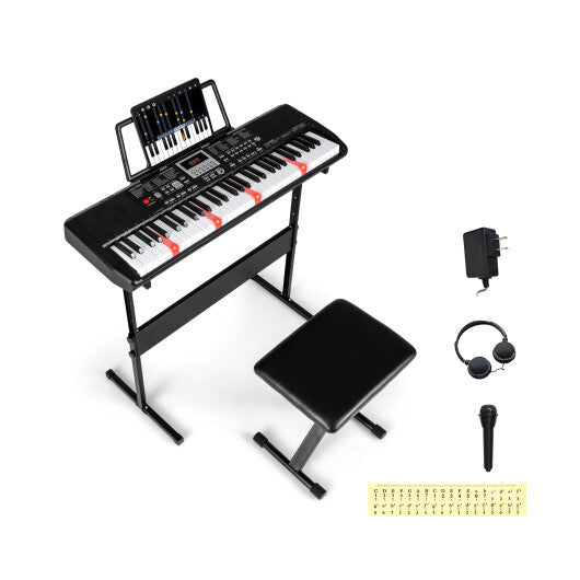 61 Keys Beginners Piano Keyboard Electric Keyboard Kit with Adjustable Stand and Stool-Black W2B