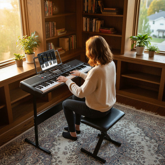 61 Keys Beginners Piano Keyboard Electric Keyboard Kit with Adjustable Stand and Stool-Black W2B