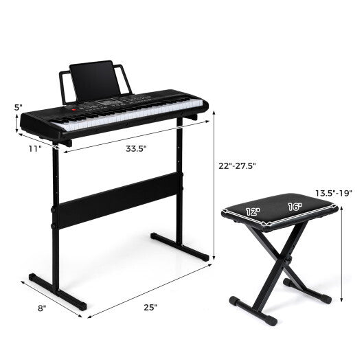 61 Keys Beginners Piano Keyboard Electric Keyboard Kit with Adjustable Stand and Stool-Black W2B