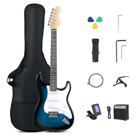39 Inch Full Size Electric Guitar Beginner Kit with Amplifier for Starter-Blue W2B
