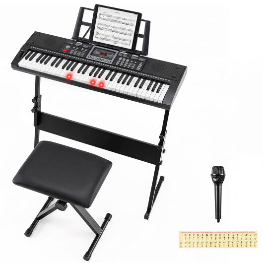 61 Key Keyboard Piano for Beginners with Stand Stool Lighted Keys-Black W2B