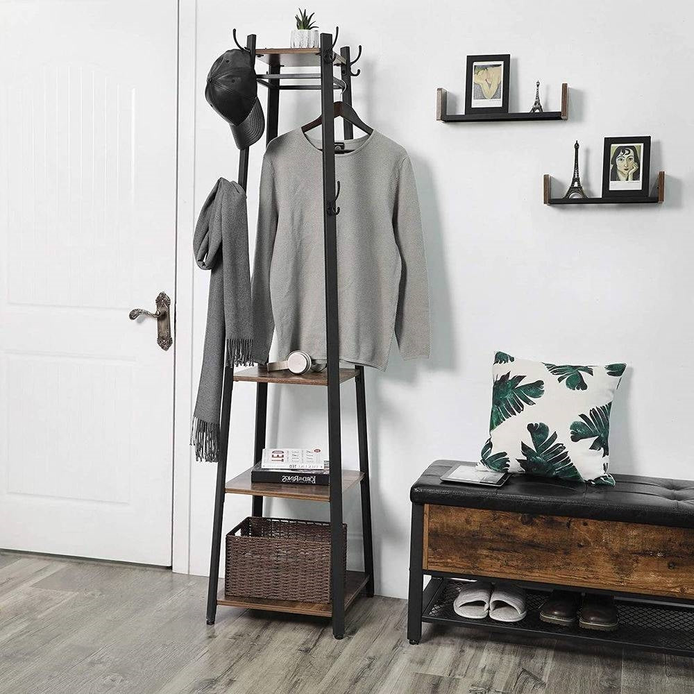 Modern Industrial Metal Frame Wood Shelf Coat Rack with 3-Shelves FastFurnishings