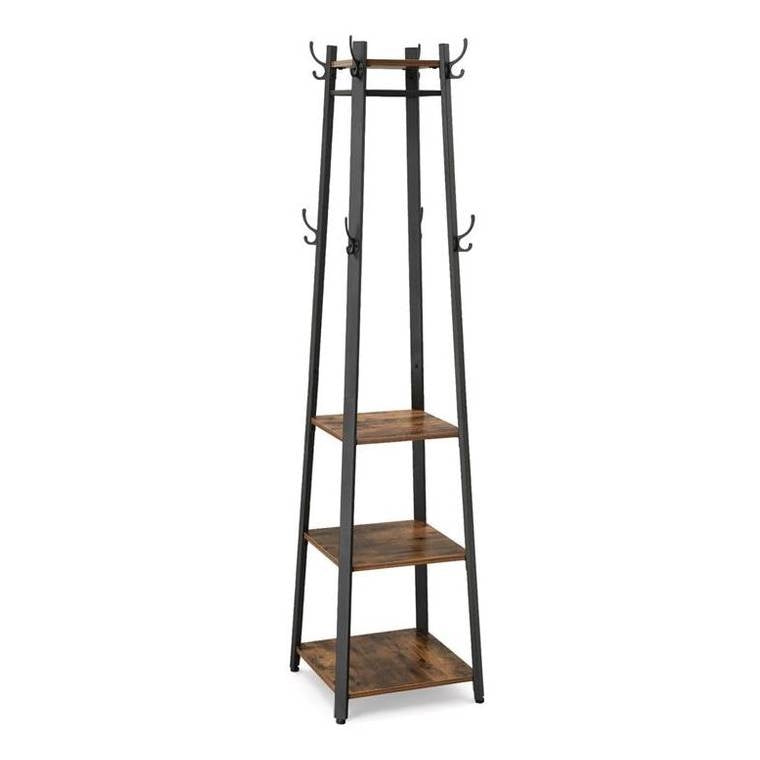 Modern Industrial Metal Frame Wood Shelf Coat Rack with 3-Shelves FastFurnishings