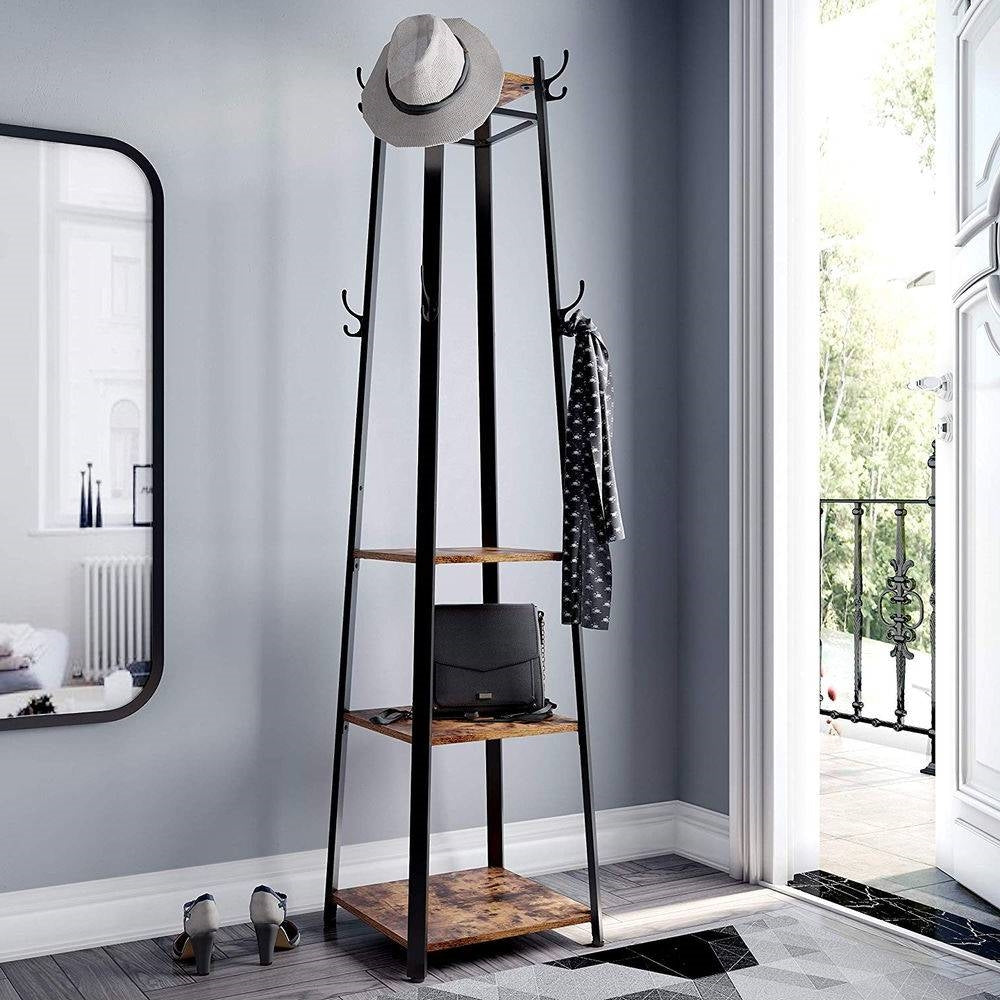 Modern Industrial Metal Frame Wood Shelf Coat Rack with 3-Shelves FastFurnishings