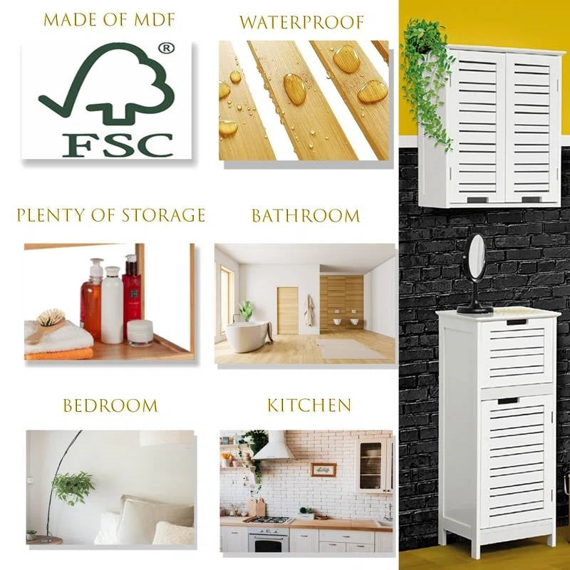 Wall-Mount Bathroom Storage Cabinet with Louver Doors in White Wood Finish FastFurnishings