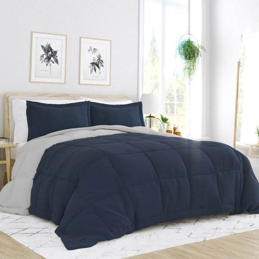 Full/Queen 3-Piece Microfiber Reversible Comforter Set in Navy Blue and Grey W2B