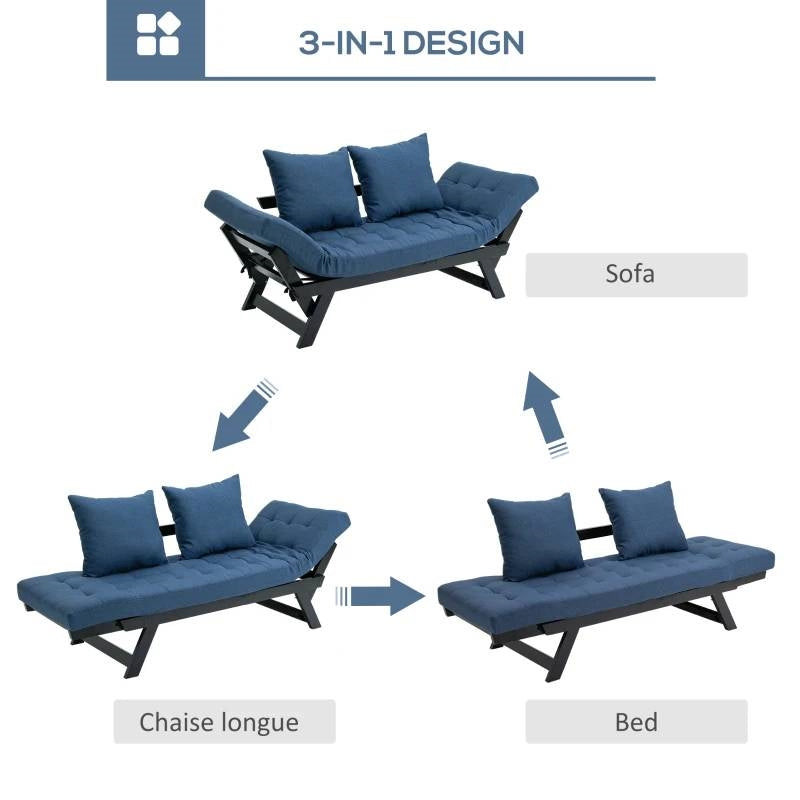 Navy/Black 3 In 1 Convertible Sofa Chaise Lounger Bed with 2 Large Pillows-2