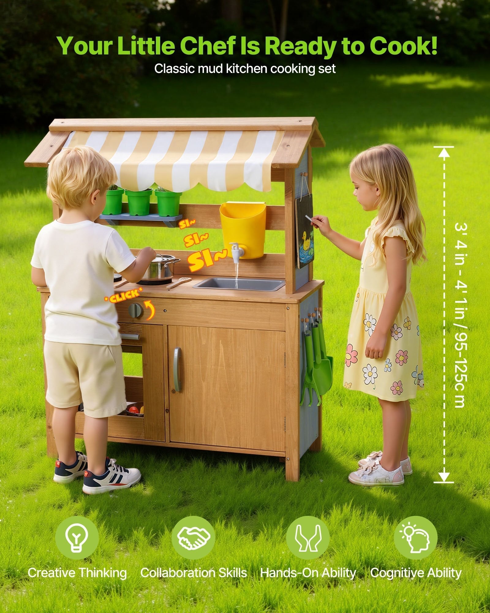 Mud Kitchen, Outdoor Mud Kitchen for Kids, Wood Outdoor Play Kitchens with Spoons, Sink, Tank, Sunshade Canopy, Shovels, Cookware Pots and Accessories, Wooden Play Kitchens for Home, Lawn W2B