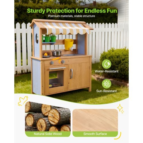 Mud Kitchen, Outdoor Mud Kitchen for Kids, Wood Outdoor Play Kitchens with Spoons, Sink, Tank, Sunshade Canopy, Shovels, Cookware Pots and Accessories, Wooden Play Kitchens for Home, Lawn W2B