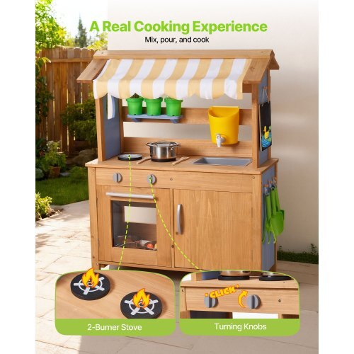Mud Kitchen, Outdoor Mud Kitchen for Kids, Wood Outdoor Play Kitchens with Spoons, Sink, Tank, Sunshade Canopy, Shovels, Cookware Pots and Accessories, Wooden Play Kitchens for Home, Lawn W2B
