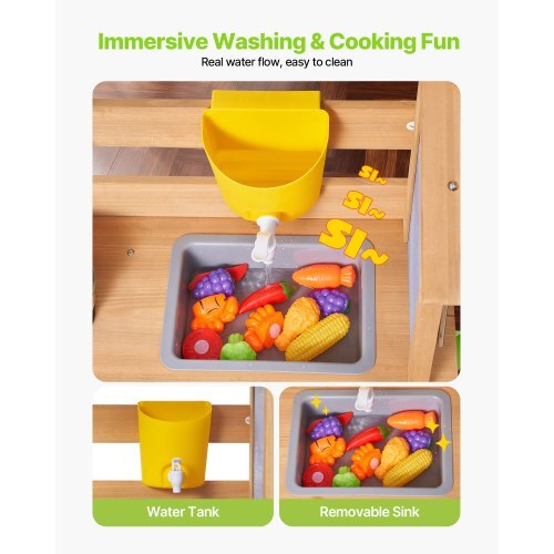 Mud Kitchen, Outdoor Mud Kitchen for Kids, Wood Outdoor Play Kitchens with Spoons, Sink, Tank, Sunshade Canopy, Shovels, Cookware Pots and Accessories, Wooden Play Kitchens for Home, Lawn W2B