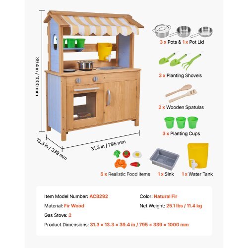 Mud Kitchen, Outdoor Mud Kitchen for Kids, Wood Outdoor Play Kitchens with Spoons, Sink, Tank, Sunshade Canopy, Shovels, Cookware Pots and Accessories, Wooden Play Kitchens for Home, Lawn W2B
