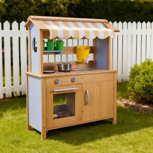Mud Kitchen, Outdoor Mud Kitchen for Kids, Wood Outdoor Play Kitchens with Spoons, Sink, Tank, Sunshade Canopy, Shovels, Cookware Pots and Accessories, Wooden Play Kitchens for Home, Lawn W2B