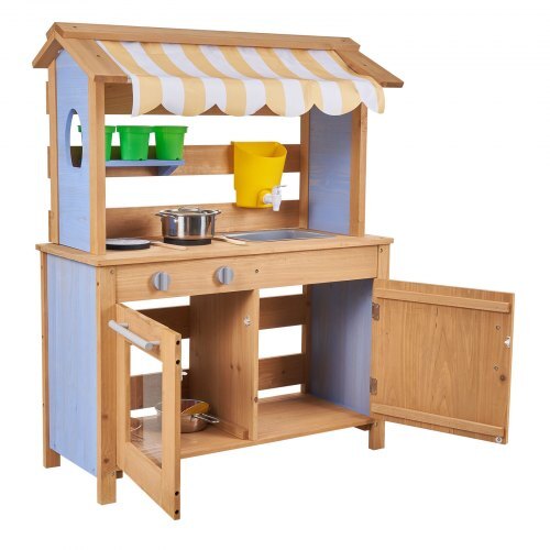 Mud Kitchen, Outdoor Mud Kitchen for Kids, Wood Outdoor Play Kitchens with Spoons, Sink, Tank, Sunshade Canopy, Shovels, Cookware Pots and Accessories, Wooden Play Kitchens for Home, Lawn W2B