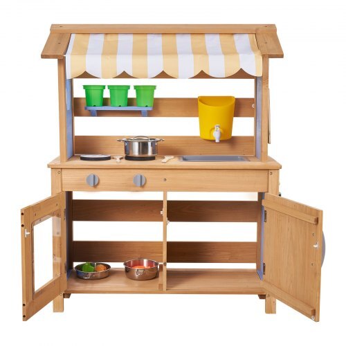 Mud Kitchen, Outdoor Mud Kitchen for Kids, Wood Outdoor Play Kitchens with Spoons, Sink, Tank, Sunshade Canopy, Shovels, Cookware Pots and Accessories, Wooden Play Kitchens for Home, Lawn W2B