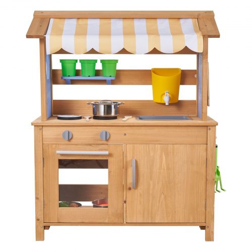 Mud Kitchen, Outdoor Mud Kitchen for Kids, Wood Outdoor Play Kitchens with Spoons, Sink, Tank, Sunshade Canopy, Shovels, Cookware Pots and Accessories, Wooden Play Kitchens for Home, Lawn W2B