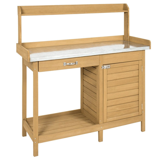 Natural Fir Wood Potting Bench Garden Work Table with Metal Top FastFurnishings