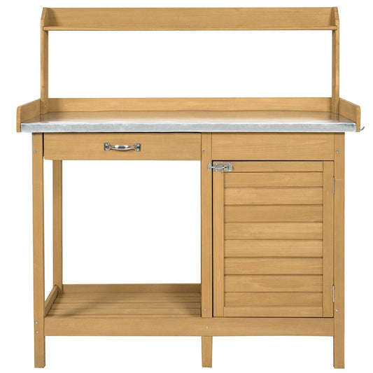 Natural Fir Wood Potting Bench Garden Work Table with Metal Top FastFurnishings