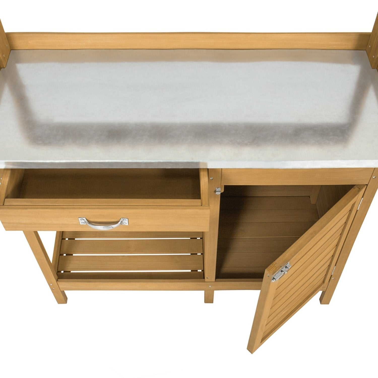 Natural Fir Wood Potting Bench Garden Work Table with Metal Top FastFurnishings