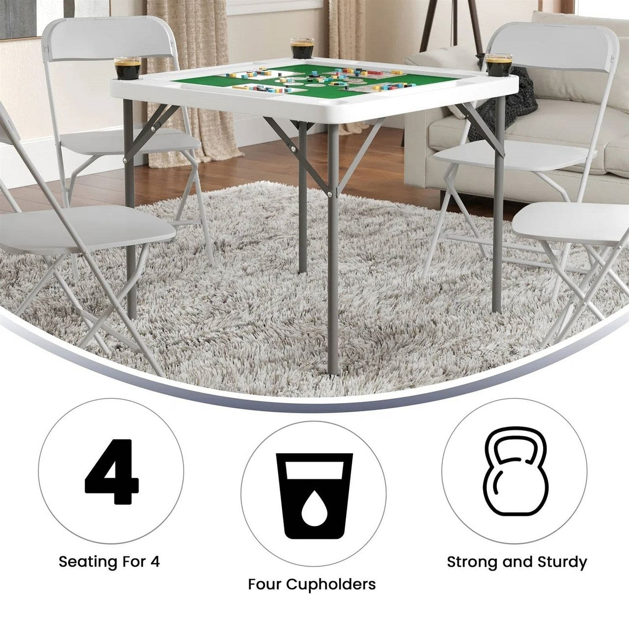 4-Player Square Folding Card Game Poker Table w/ Green Felt Top and Cup Holders Unbranded